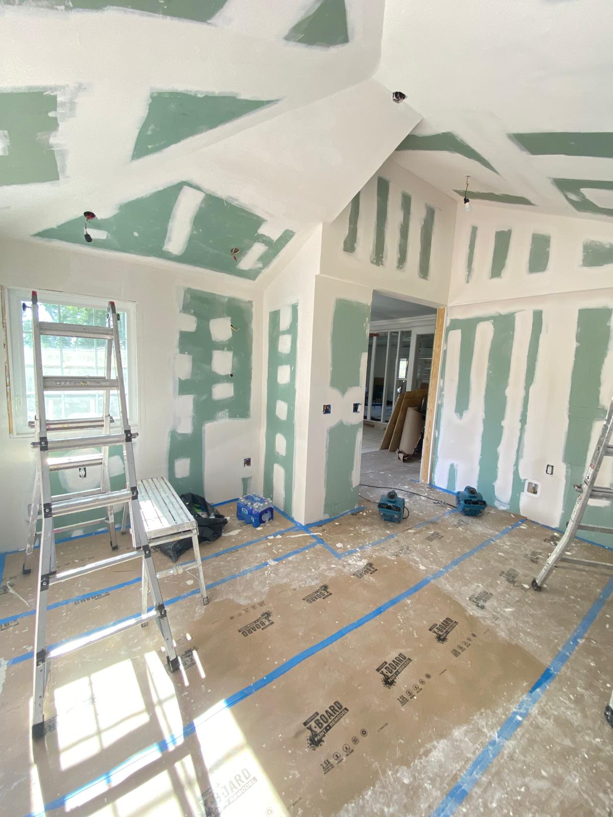 Vaulted ceiling drywall work in progress