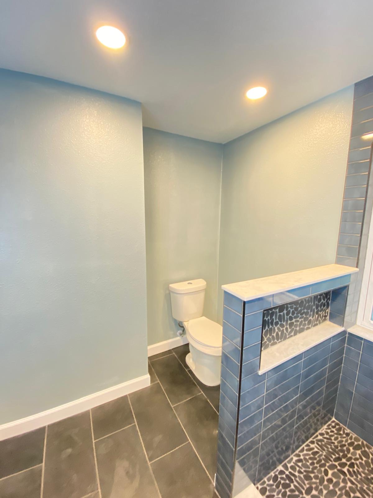 Bathroom with light blue walls and shower