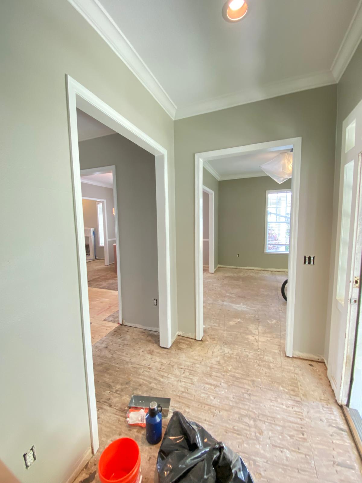 Hallway with sage green and multiple doors