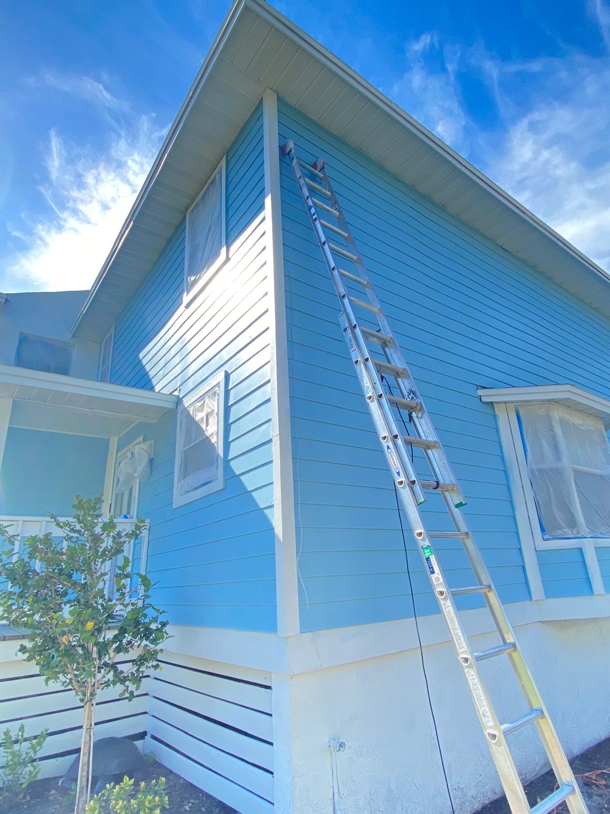 Exterior blue siding with ladder